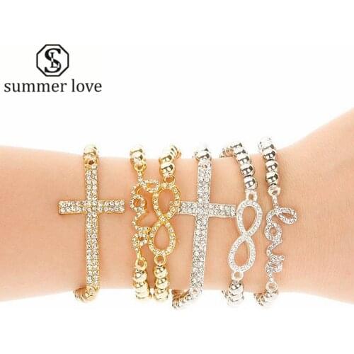 Hot Sell Womens Crystal Cross LOVE Infinity Bracelet Femme Fashion Stretch Bead Charm Bracelets & Bangles Handmade Jewelry
