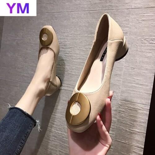 Sexy Metal Decorate Square Buckle Thick Heel Work Women Vintage PU Leather Classic Solid Square Toe Zapatos De Mujer Tacon 35-40
