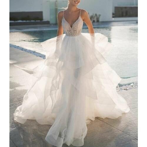 Elegant Long Beaded Ruffled Wedding Dresses A-Line Spaghetti Straps Button Back Tulle Robes De Mariée Bridal Gown For Women