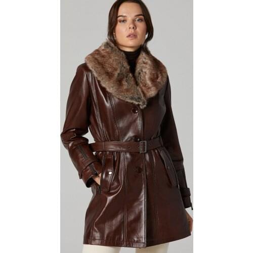 Women brown slim genuine sheepskin coat casual autumn and winter clothing free shipping Long Jacket