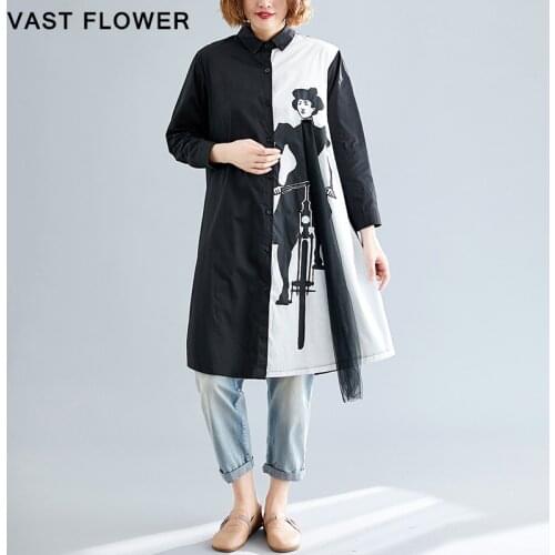 Plus Size Hit Color Cartoon Print Shirt Dress Women Patchwork Mesh Long Sleeve Loose Elegant Dress Fashion Clothes Spring 2021