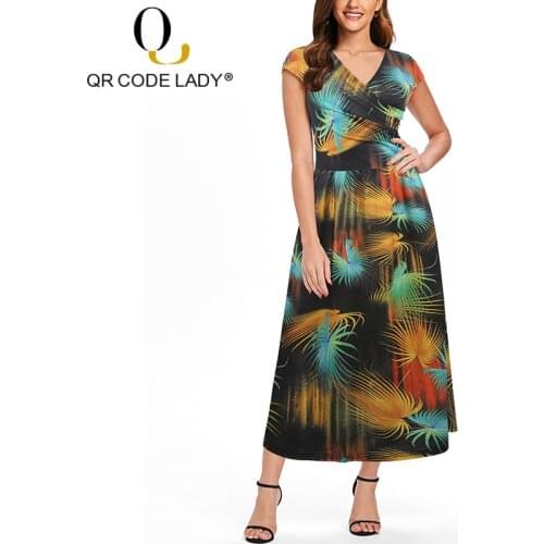 QR Fashion Print Summer Dress Women 2019 Elegant Vintage Sexy V Neck Long Party Dress Female Casual Slim Boho Beach Maxi Dresses