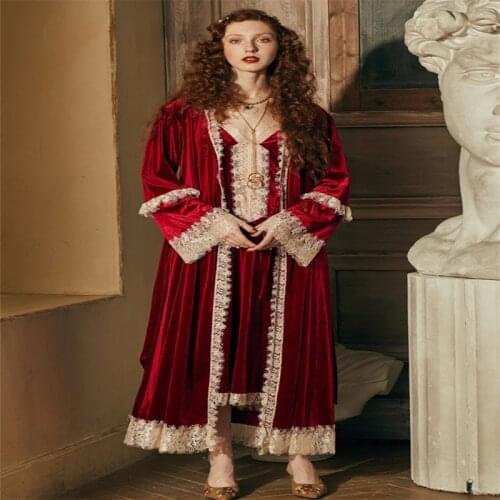 2 Pieces Velvet Night Gown Red Bride Sleepwear Long Robes Lace Appliqued Custom Made Side Split Gorgeous Sleepwear Dresses