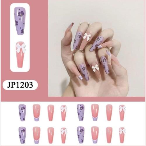 24 Nail Pieces + 1 Stick Of 2g Glue Butterfly Decorated False Nails Removable Long Paragraph Fashion Manicure Fake Nail Tips