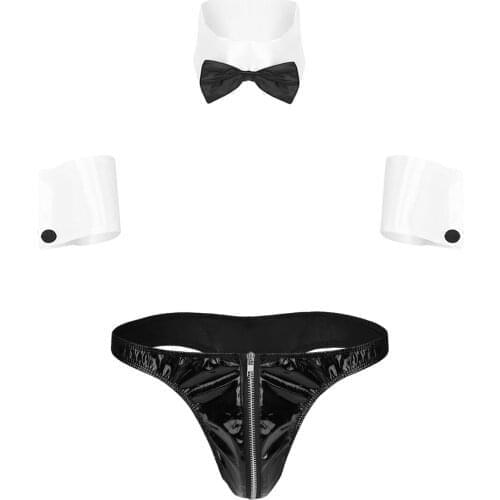 3Pcs Men Roleplay Costume Lingerie Set Low Rise Front Zipper Patent Leather Patchwork Briefs Underwear with Collar and Cuffs Set