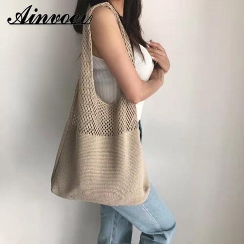 Ainvoev Knitting Large Capacity Summer Beach Bag Big Purses Shopper Sac Casual Hollow Woven Women Shoulder Bags