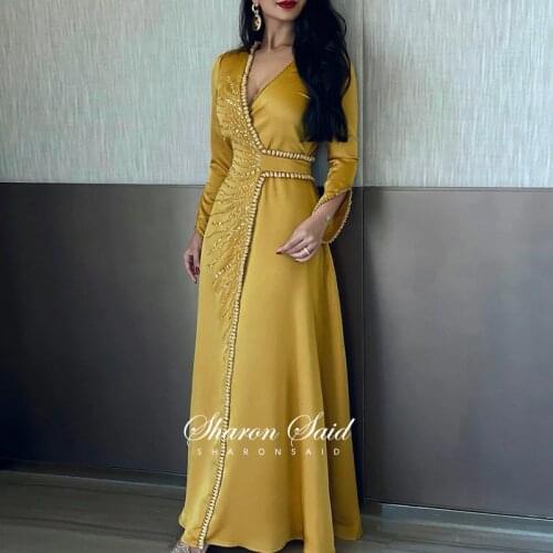 Arabic Gold Long Sleeve Muslim Evening Dress Luxury Dubai Kaftan Moroccan Caftan Formal Dresses for Women Wedding Party Gowns