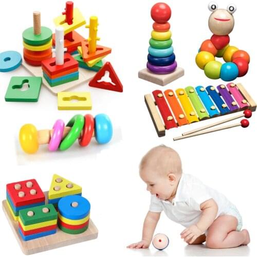 Kids Montessori Wooden Toys Rainbow Blocks Kid Learning Toy Baby Music Rattles Graphic Colorful Wooden Blocks Educational Toy