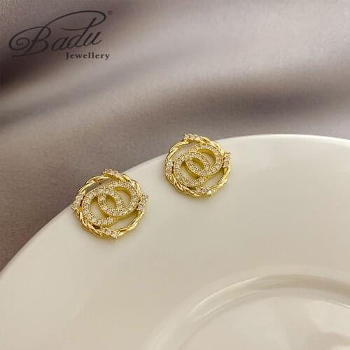 Badu Simple Trendy Alphabet Stud Earrings For Women C-Shaped Round Retro Korean Temperament Zircon Fashion Jewelry Gift
