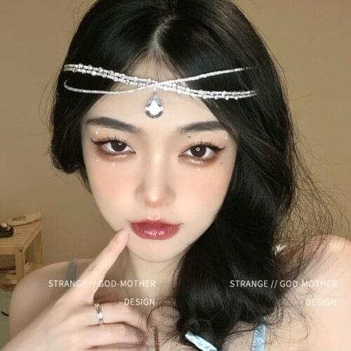 Bohemian Tiara Female Antique Hair Ornament Indian Bride Forehead Chain Eyebrow Pendant Pearl Fringe Forehead Ornament