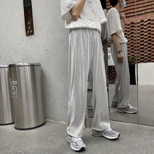 Summer Pleated Pants Mens Fashion Black Gray Casual Pants Men Streetwear Loose Hip-hop Wide-leg Pants Mens Ice Silk Trousers