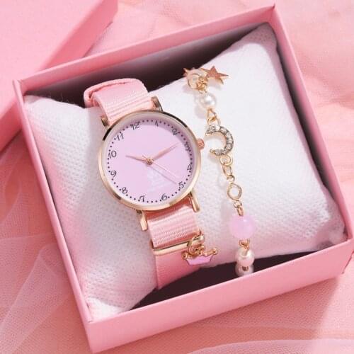 Pink Girl Watch Women Cartoon Flowers Fashion Ladies Bracelet Watch Set Cute Student Quartz Watch Montre Femme Relogio Feminino