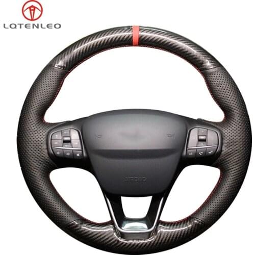 LQTENLEO Carbon Fiber Black Leather Car Steering Wheel Cover For Ford Focus 4 Escape 2019 2020 Fiesta Tourneo 2018-2020 Puma