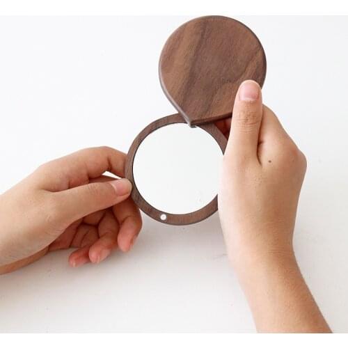 Wooden Mirror Round Foldable Mirrors Japanese Style Portable Walnut Small Mirror Make Up