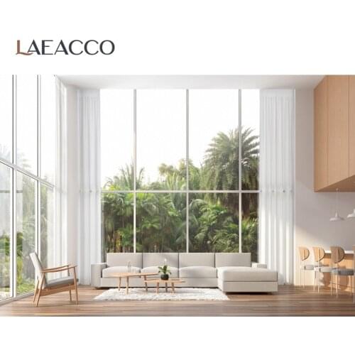 Laeacco White House Living Room Summer Tropical Palms Tree French Window Interior Photographic Backdrop Photo Backdrop Photocall
