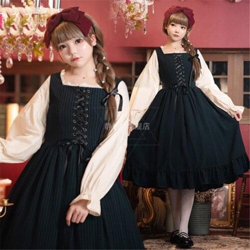 Gothic Lolita Costume Japanese Style Kawaii Girls Princess Tea Party Dress Retro Ruffle Long Sleeve Court Square Collar Vestidos