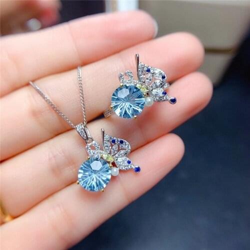 Exquisite Firework Crystal Blue Butterfly Ring Necklace For Women Jewelry Set Trendy 925 Silver Clavicle Necklace Female Choker
