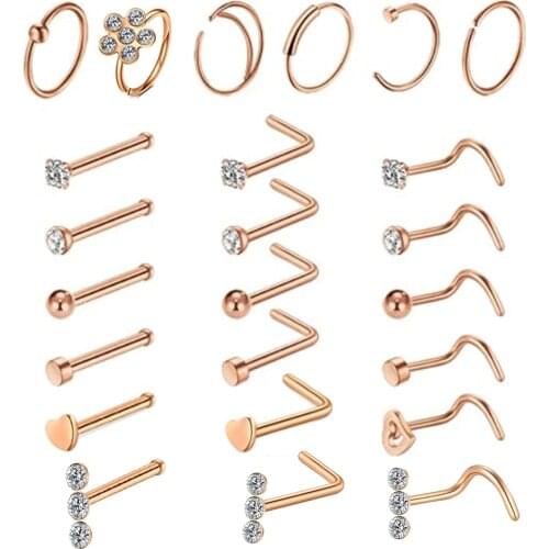 20G Nose Rings Hoop Stainless Steel L-Shaped Nose Studs Screw Clear Clicker Retainer Tragus Cartilage Helix Earrings Piercing