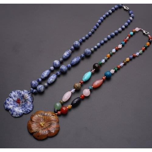 3pcs Bohemian Sweater Chain Necklace Natural Stone Carve Flower Agates Beads Hand Knot Rope Accessories Necklaces for Women Gift