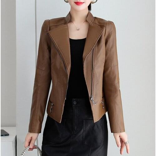 Leather Coat 2021 New Autumn Korean High Waist Stand-up Collar Slim Motorcycle Pu Leather Jacket Winter Clothes Women