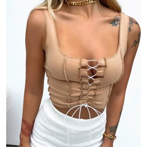 Solid Color Exposed Navel Tank Top Female Sleeveless Low-Cut Sexy Square Collar Bandage Hollow Lace-Up Slim Wild Casual Vest