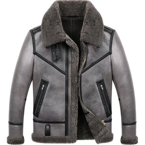 Mens Sheepskin Shearling Coat B3 B6 Mens Sheepskin Bomber Jacket Fur Coat Gray Color