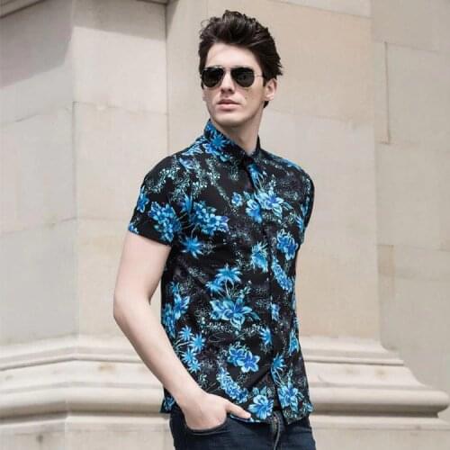 New Classic Design Palm Trees Mens Hawaiian Flowers Printing Summer Dress Shirt