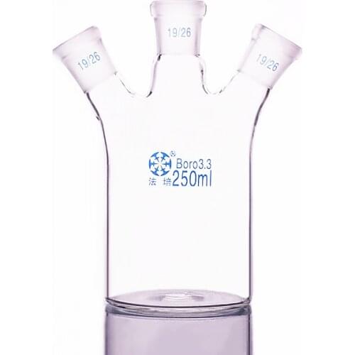 Single-deck cylindrical three-necked flat-bottom flask 250ml,Main 19/26,Side 19/26,Single-deck cylindrical reactor bottle