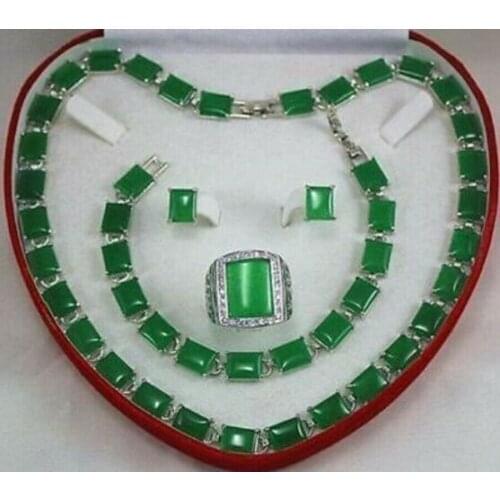 Green jade Necklace/ Bracelet/ Earrings /Ring Set Handcrafted Jewelry AAA