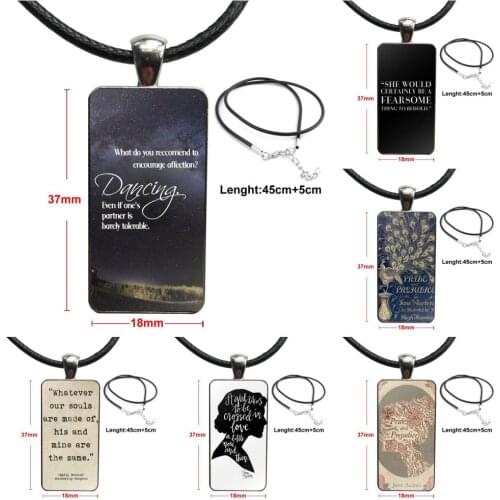Pride And Prejudice Quotes For Unisex Jewelry With Stainless Steel Plated Glass Cabochon Choker Long Pendant Rectangle Necklace