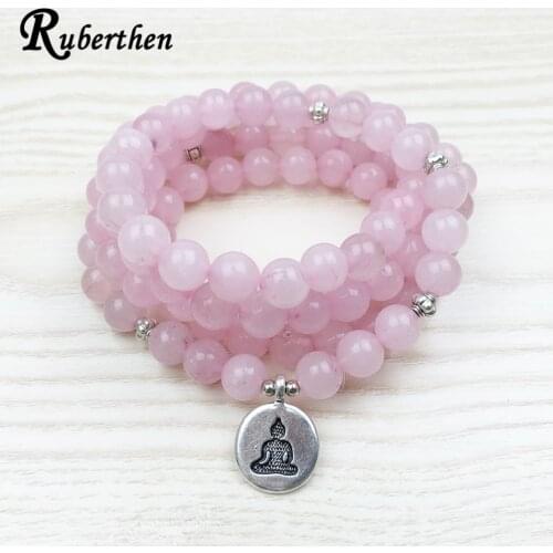 Ruberthen Top Sale 108 Pink Natural Stone Mala Bracelet Women Yoga Jewelry Buddhist Chakra Necklace Heart Yoga Lotus Bracelet