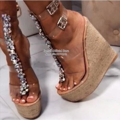 Sexy Crystal T Strap Wedge Sandals Clear PVC Buckle Strap Rope Platform Summer Sandals Cut-out Peep Toe Gladiator Dress Shoes