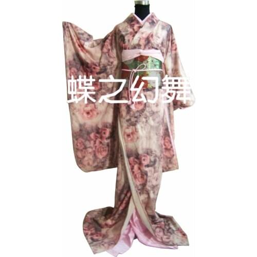 Japanese Traditional Women Rose Floral Furisode Kimono Cosplay Costume