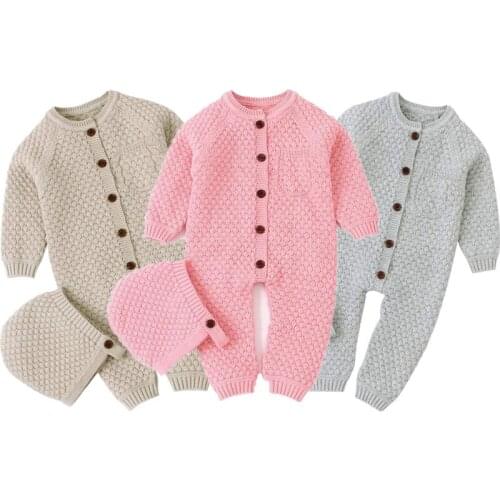 Newborn Baby Boys Girls Knitted Cotton Kids Rompers Cute Toddler Warm Long Sleeve Jumpsuit+Hats 2Pcs Outfit Set