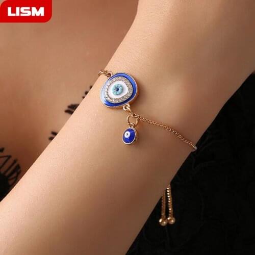 Turkish Lucky Blue Crystal Eye Bracelets Handmade Gold Chains Lucky Jewelry