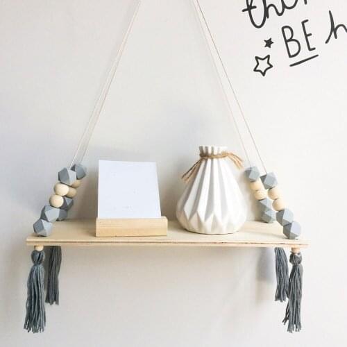 Nordic Style Octagonal Beads Tassel Storage Shelf Rack Wall Hanging Wood Toy Baby Kid Room Home Decoration