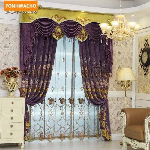 Custom curtains High-grade luxury France embroidery thick chenille purple cloth blackout curtain tulle valance drape N761