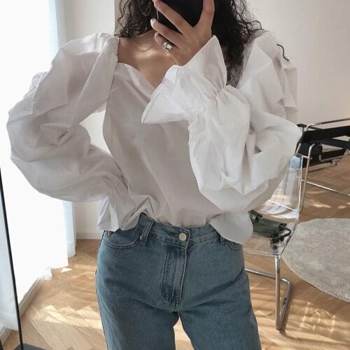 Women White Blouse New Arrivals Slash Neck Butterfly Sleeve Loose Fit Shirt Fashion Tide Spring Autumn 2021 Z288