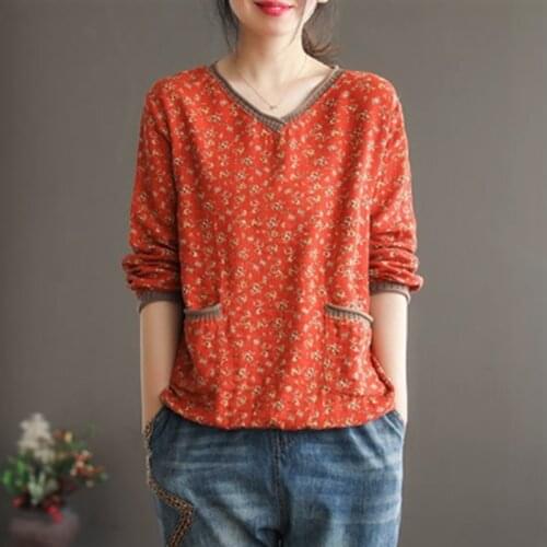 Aransue 2021 Spring Womens Retro Floral V-Neck Long Sleeve T-Shirt Print Top