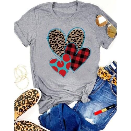 COLORED cute Plaid Leopard Heart T-Shirt 100% Cotton tumblr Valentines Day grunge unisex graphic women Fashion tshirt top tee