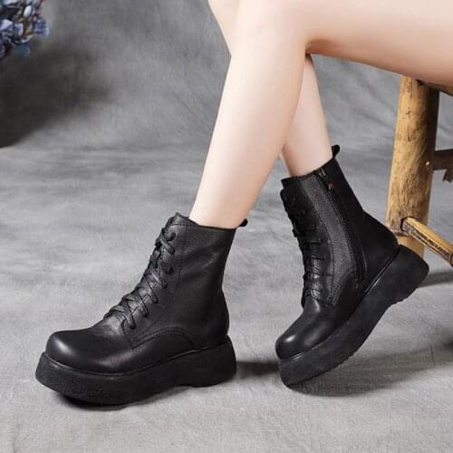 Mother Genuine Leather Zip Shoes Women Boots Round Toe Retro 2021 New Autumn Winter Comfortable Handmade Platform Boots Mujer