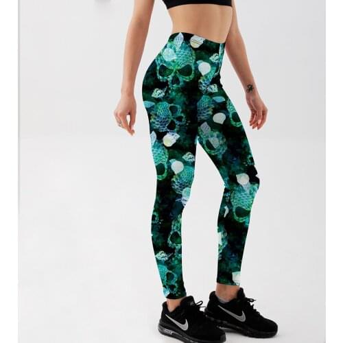 Women Fashion Leggings Workout Fitness Casual Pants Trousers Skull Fish Scales Printed High Waist Pants