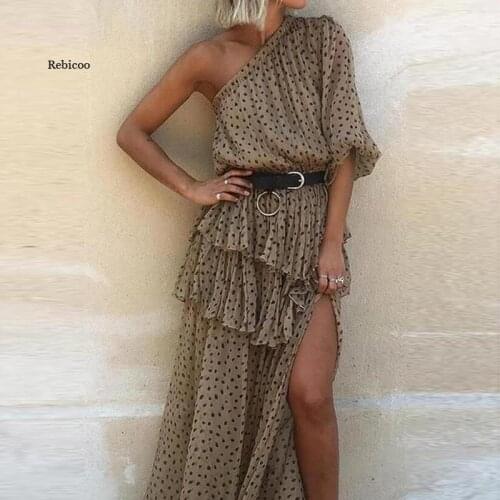 Women Sexy Skew Collar Chiffon Summer Dress Spring Off Shoulder Irregular Party Dress Ladies Short Sleeve Ruffle Long Dress