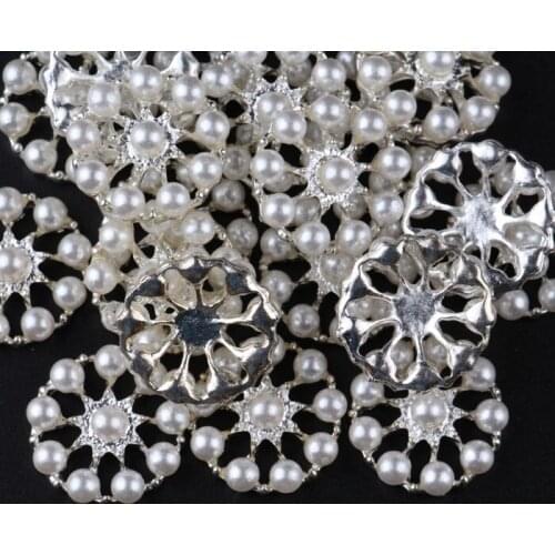 120pcs/lot) High Quality Sew On Silver Plated Pearl Rhinestone Button Clear Flatback Craft Button For DIY Girl Hair Accessories