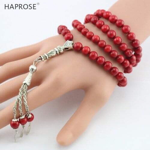 2018 New fashion Necklace Shell Coral Round Shape Prayer 99 beads Islamic Muslim tasbih 7-8mm Red shell Precious coral bracelet