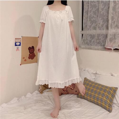 2021 Summer Princess Nightdress Womens Short Sleeve Thin Court Style Sweet Lace Nightgown Lady Mid Long Dress Female Sleepwear