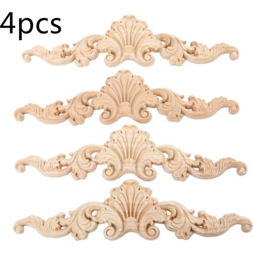 4Pcs Woodcarving Decal Corner Applique Unpainted Door Furniture Decorative Wooden Figurines Craft
