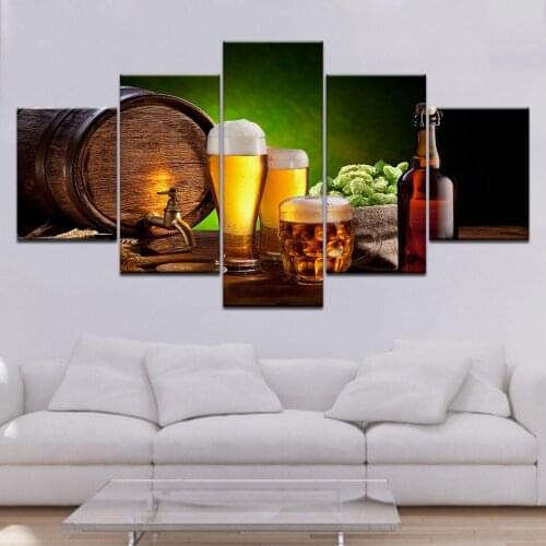 5 Pieces Beer With Cask Painting Picture On Canvas Kitchen & Western Restaurant Decor Cuadros Landscape For Bar Living Room Pubs