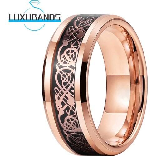 8MM Womens Men Engagement Wedding Bands Beveled Edges Rose Gold Dragon Black Carbon-Fiber Inlay Polished Finished Comfort Fit