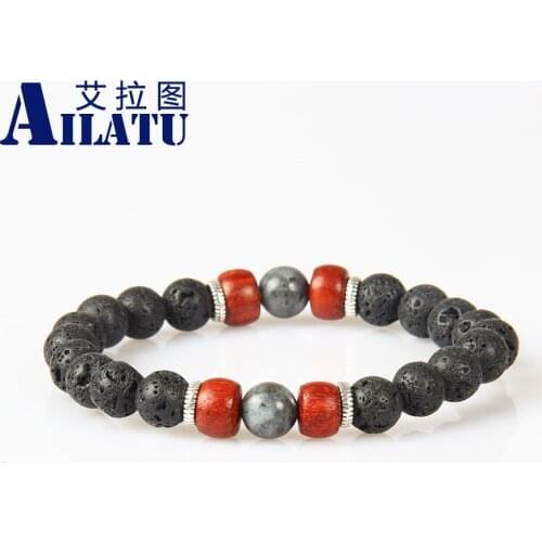 Ailatu New Designs Fathers Day Jewelry Gift 8mm Lava Rock Beads and Dalmation Stone Beaded Bracelet